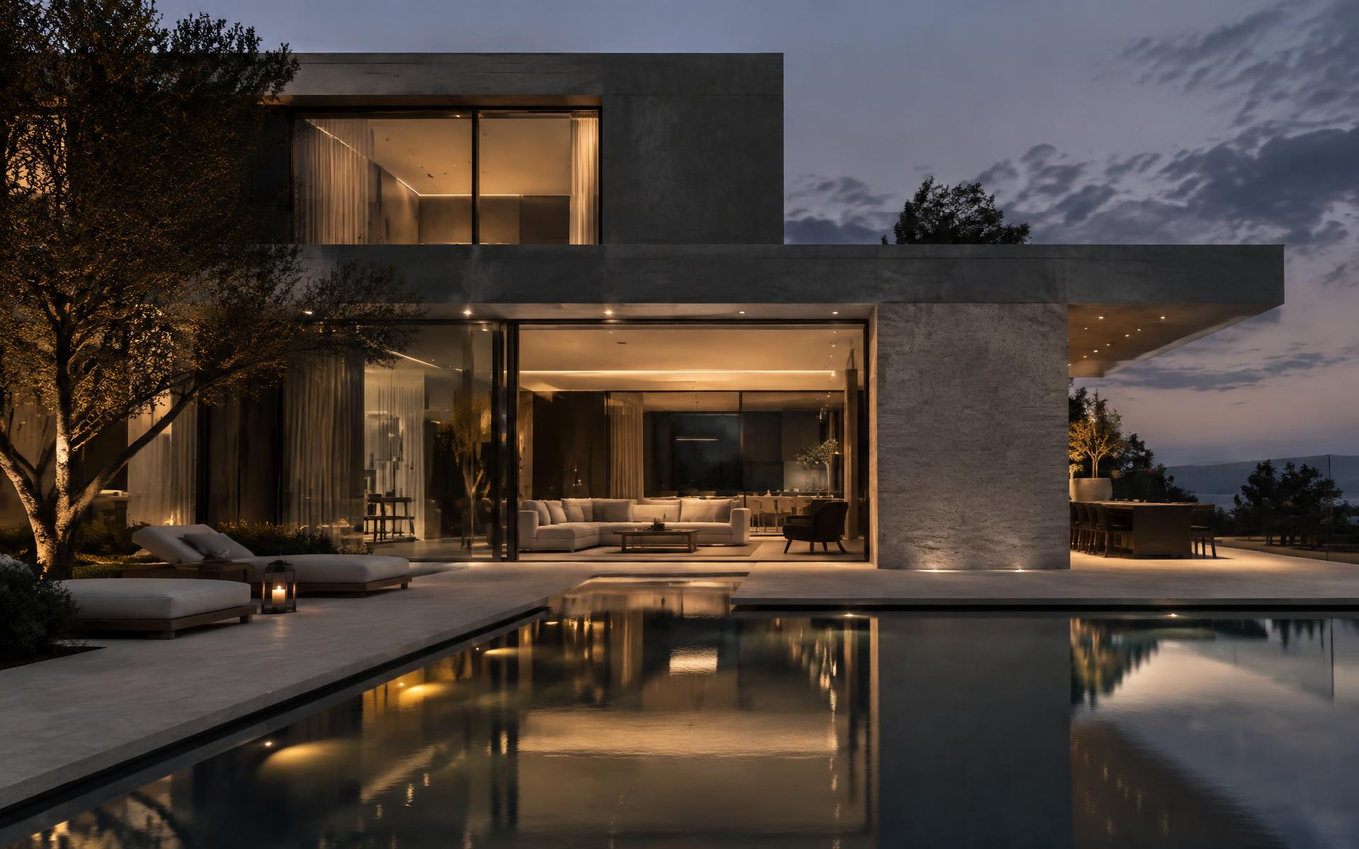 Contemporary luxury villa at dusk with reflecting pool