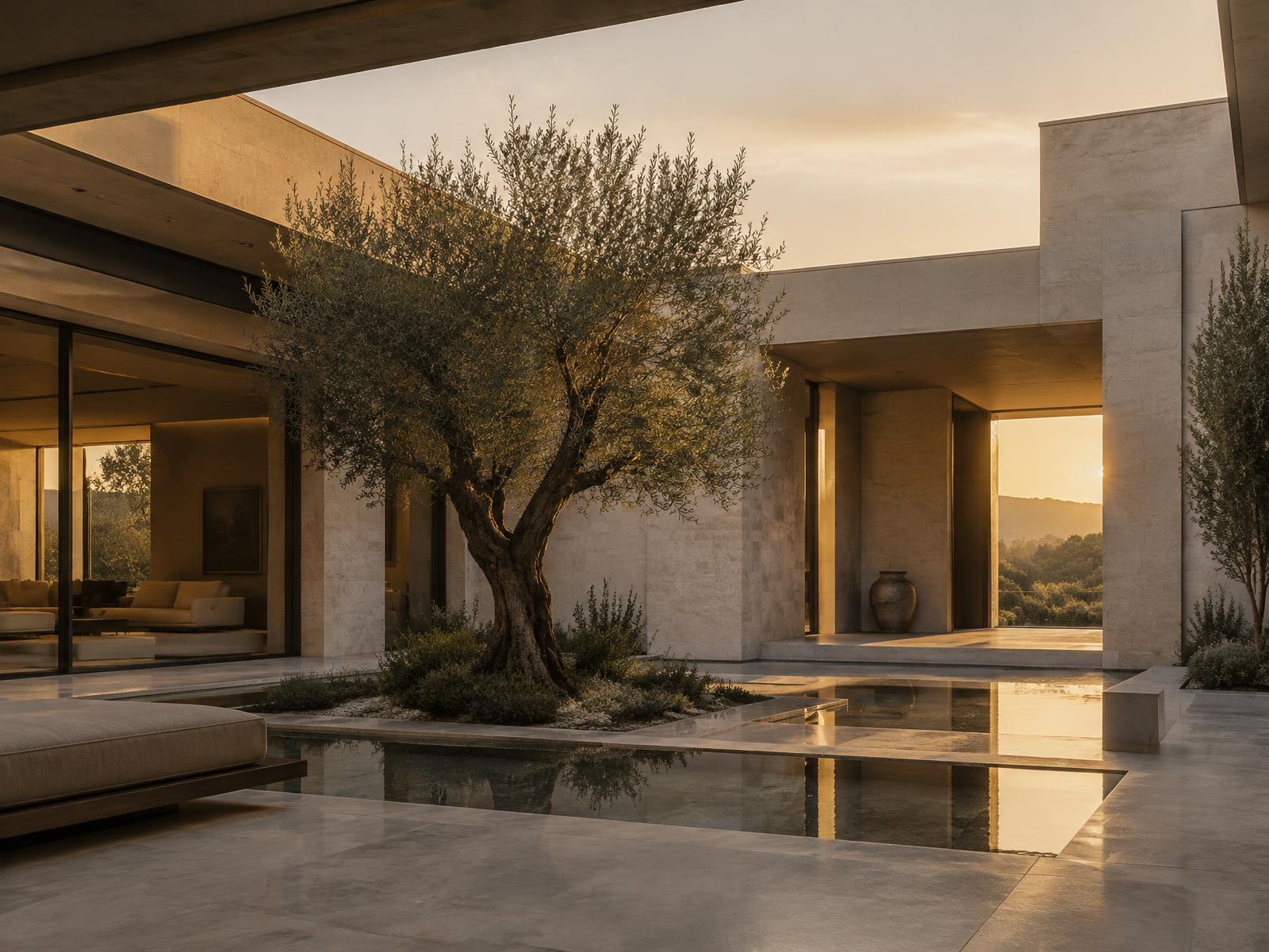 Courtyard of a contemporary residence at golden hour